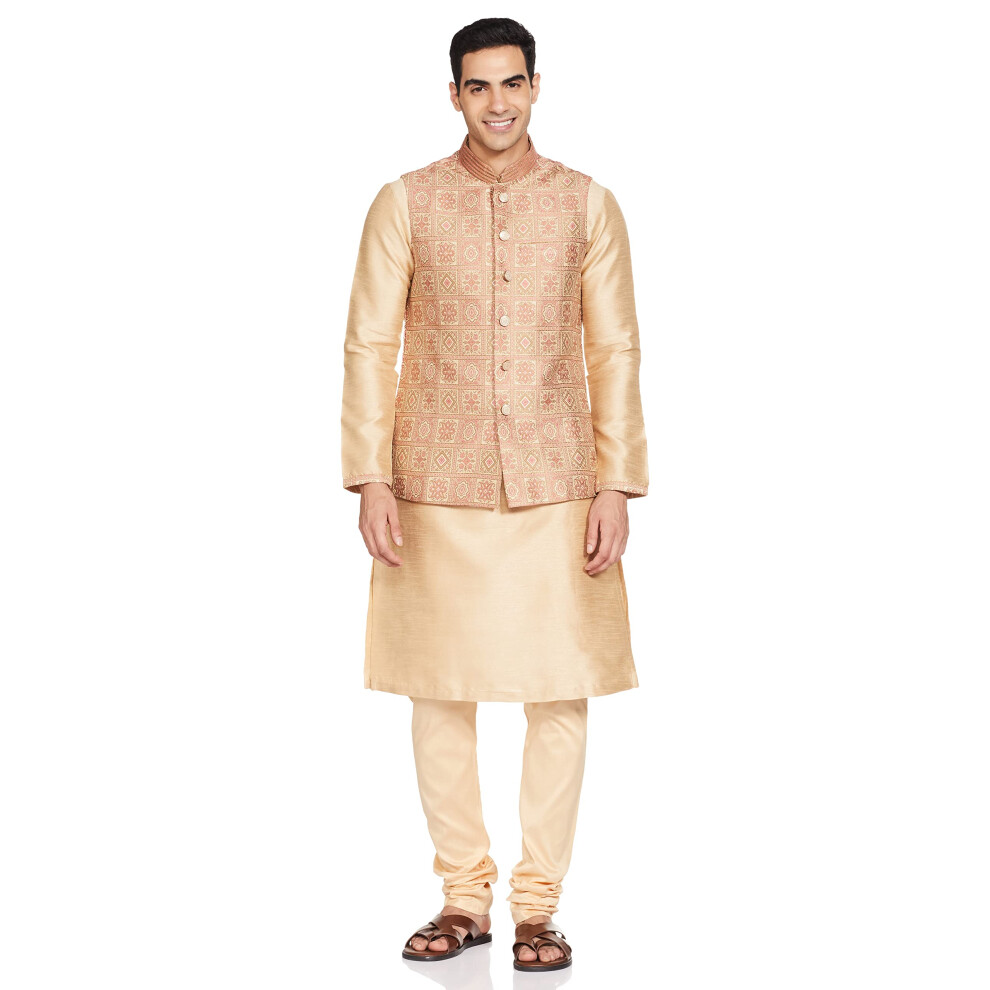 Manyavar Colletto A Fascia In Tessuto Da Uomo, Pesca E Beige, M-image