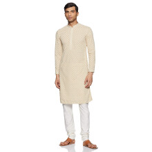 Manyavar Kurta Churidar Set gemengd katoen met volledige mouwen Mandarijn kraag Chikankari etnische kleding voor heren - (Beige X-Large)