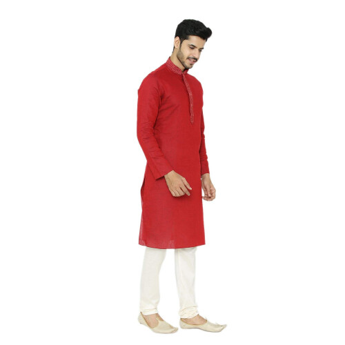 Manyavar Ανδρικές βαμβακερές πυτζάμες Kurta (M301102_Maroon_L) 2