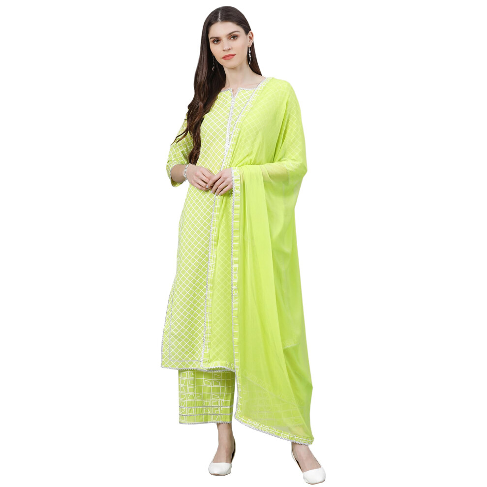 Libas Kurta Dritto Da Donna Palazzos E Dupatta In Cotone Stampato, Verde, Small-image