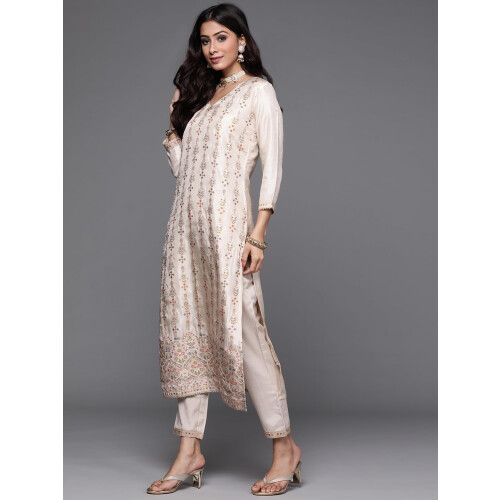 Set Kurta in misto seta da donna Libas (33338O_Beige 1