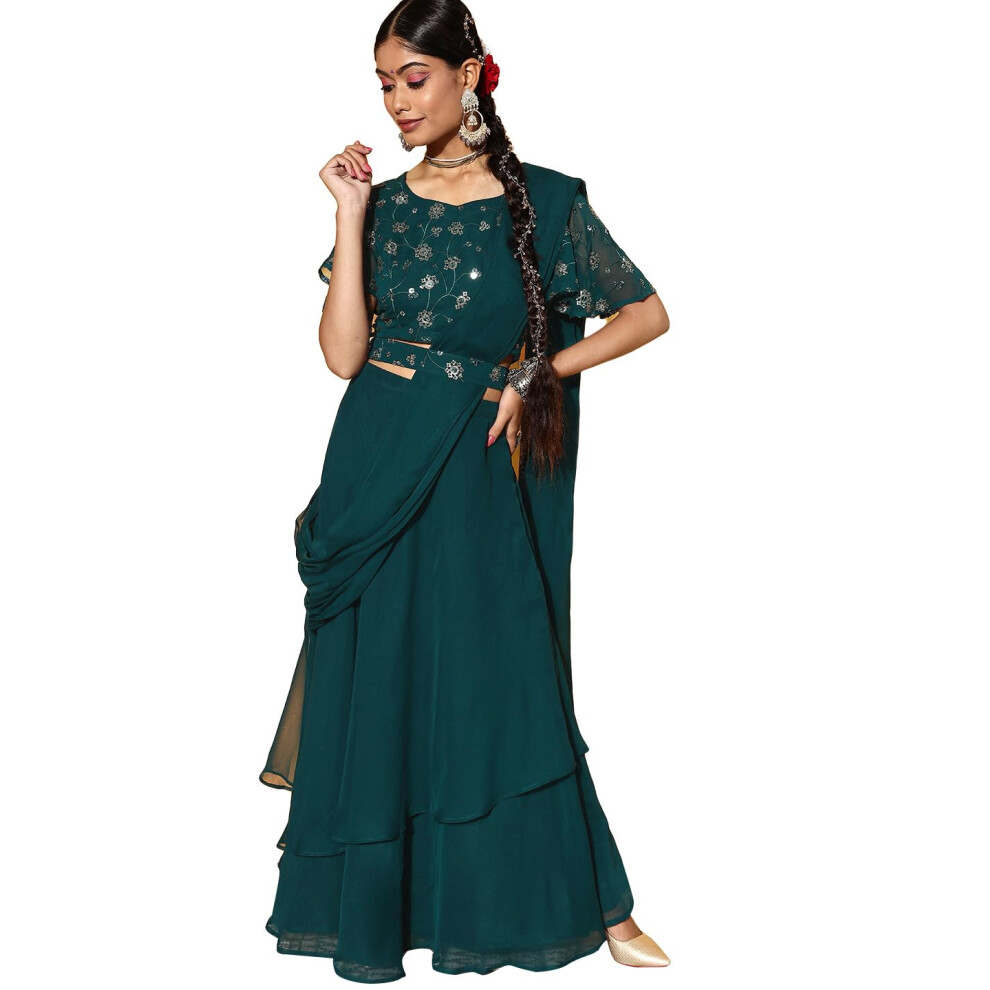 Ensemble Lehenga en poly georgette pour femme Libas (35072_Vert_S)