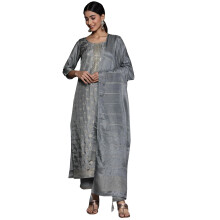 Libas, graues, selbstgestaltetes, gerades Kurta aus Seidenmischung mit Hose und Dupatta