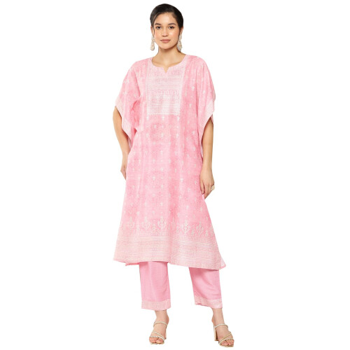 Libas Womens Printed Silk Blend Kaftan Kurta With Trousers
