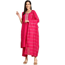 Libas Gerua Womens Yoke Design Silk Blend Straight Kurta With Trousers And Dupatta
