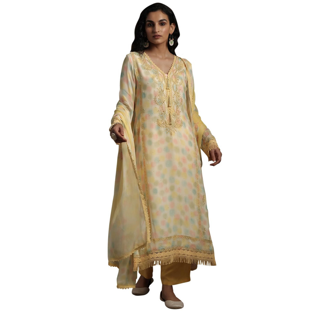 Libas Kurta Da Donna In Organza Palazzos & Dupatta Ricamato Dritto, Giallo, 36-image
