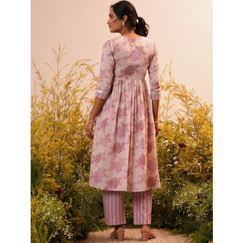 Libas Womens Printed Cotton A-Line Kurta With Trousers 2
