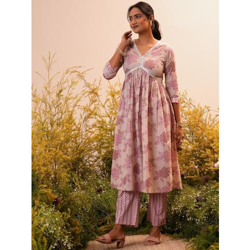 Libas Womens Printed Cotton A-Line Kurta With Trousers 1