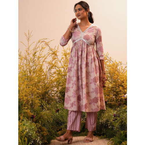 Libas Womens Printed Cotton A-Line Kurta With Trousers 1