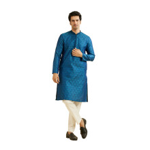 Manyavar Elegante geborduurde knielange kurta pyjamaset met lange mouwen voor heren - (blauw, extra groot)