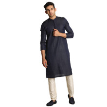 Manyavar Jacquard Design Knälång Kortärmad Kurta Och Churidar Set För Män - (Blå, X-Large)