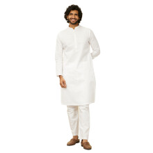 Manyavar Heren Katoenen Zelfontwerp Kurta Pyjamaset - (Wit X-Large)