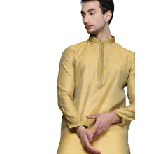 Manyavar Jacquard Tryck Knälång Kurta Och Churidar Set För Män - (Gul, Medium)