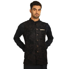 Manyavar Kurta-Jacke, Bleistifthosen-Set, gemischte Viskose, lange Δrmel, Stehkragen, bedruckte ethnische Kleidung fόr Herren (Blau XL)