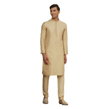 Manyavar Kurta Set, Kunstseide, Lange Ärmel, Mandarin-Kragen, Jacquard-Ethno-Stil für Herren (Fawn, L)