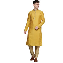 Manyavar Kurta Set voor Heren, Bedrukt Knielange Lange Mouwen Kurta en Churidar Set voor Heren (Mosterd L)