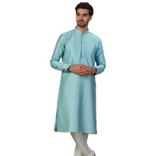 Manyavar Herren-Kurta-Pyjama in Seegrόn mit goldenen Motiven (2-teilig) (Aquagrόn M)