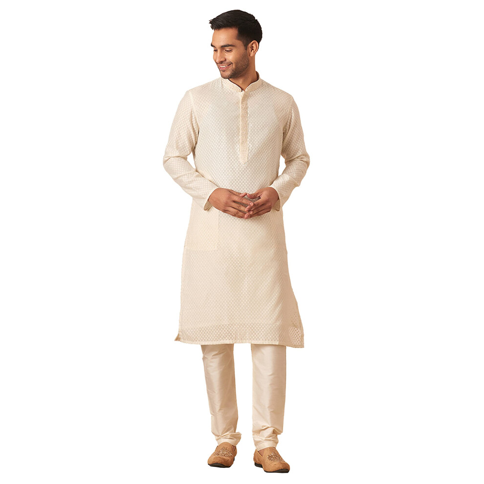 Manyavar Set Da 2 Pezzi Di Seta Sintetica A Maniche Lunghe Da Uomo, Panna, L-image