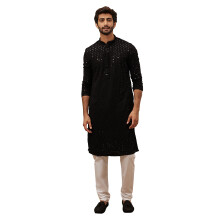 Manyavar Kurta Set voor Heren Volledige mouwen Mandarijn kraag Etnische Kurta & Payjama Set Kunst Zijde Viscose Set (Zwart L)