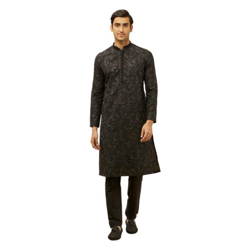 Manyavar Ανδρικό Σετ Πιτζάμες με Μαύρη Βισκόζη Self Design Kurta