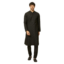 Manyavar Herren Schwarzes Misch-Viskose Selbstdesign Kurta Pyjama Set