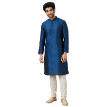 Manyavar Heren Kunstzijde Zelfontwerp Lange Mouwen Knielange Kurta Set (Blauw L)