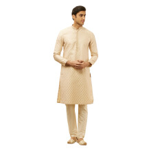 Manyavar Beige Art Silk JACQUARD Kurta-Pyjama-Set fόr Herren