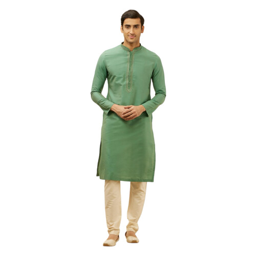Manyavar Men'S Green Blended Viscose Solid Kurta Pyjama Set (M)