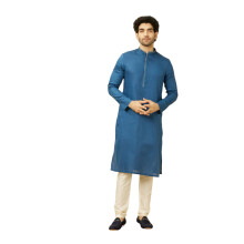 Manyavar Herren Blaues Baumwoll-Kurta Pyjama Set