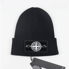 Stone Island Chapéu Gorro Grosso Quente com Punho Gorro Elástico Tricotado (Preto - Etiqueta Branca)