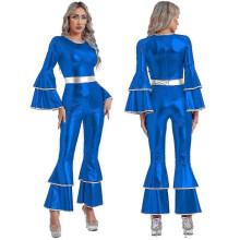 (S,royal blue)Womens Vintage 70S Disco Shiny Jumpsuit Bell Bottom Hippie Romper Cheerleading Uniform Halloween Cosplay Theme Party CostumeZZ15