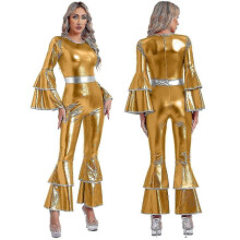 (S, gold) Womens Vintage 70S Disco Shiny Jumpsuit Bell Bottom Hippie Romper Cheerleading Uniform Halloween Cosplay Theme Party CostumeZZ15