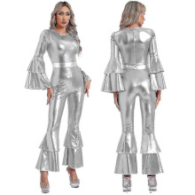 (S, silver) Womens Vintage 70S Disco Shiny Jumpsuit Bell Bottom Hippie Romper Cheerleading Uniform Halloween Cosplay Theme Party CostumeZZ15