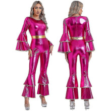 (3XL, hot pink) Womens Vintage 70S Disco Shiny Jumpsuit Bell Bottom Hippie Romper Cheerleading Uniform Halloween Cosplay Theme Party CostumeZZ15