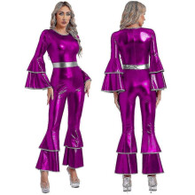 (L, purple) Womens Vintage 70S Disco Shiny Jumpsuit Bell Bottom Hippie Romper Cheerleading Uniform Halloween Cosplay Theme Party CostumeZZ15