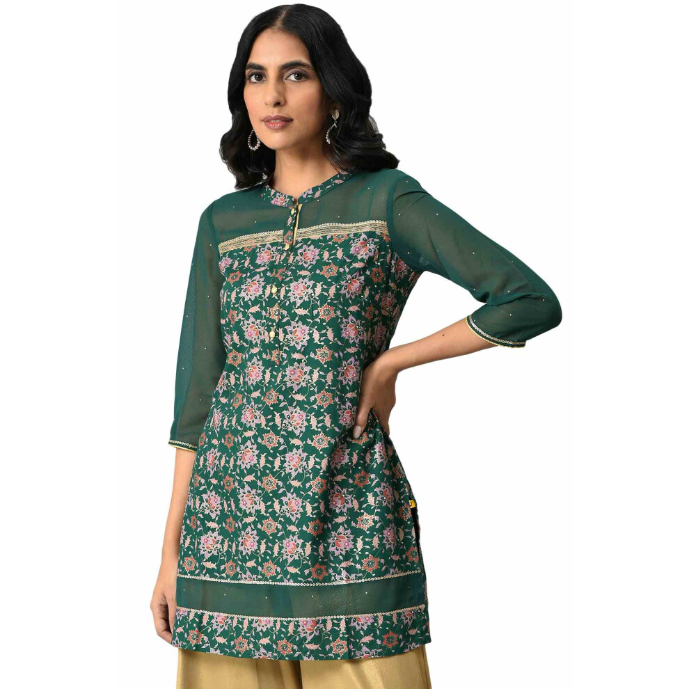 Verde Floreale Stampato Paillettes Etnico Liva Kurta, Verde, Medium-image