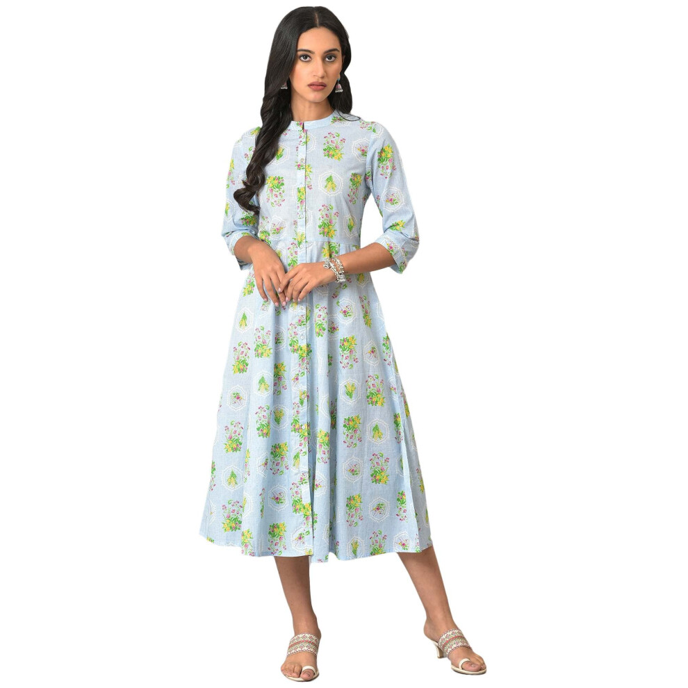 Robe chemise d'ιtι en coton bleu ΰ imprimι floral, longueur mollet, pour femme, 23Few18932-120275_Cool_18
