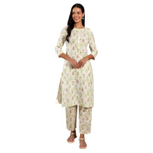 W Ecru Floral Printed Lace Cotton Kurta and Pant Set for Women