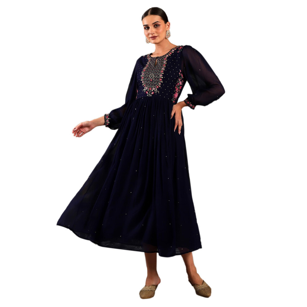 Robe longue synthιtique bleue ΰ imprimι floral et paillettes pour femme