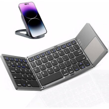 (Gray) Foldable Bluetooth Keyboard with Touchpad - Portable Wireless Keyboard with Holder, Rechargeable Full Size Ultra Slim Pocket Folding Keyboards