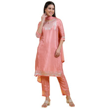 W For Woman Pink Printed Shantung Straight Kurta Pants And Dupatta Set (Size: S)-Ws12305-112668