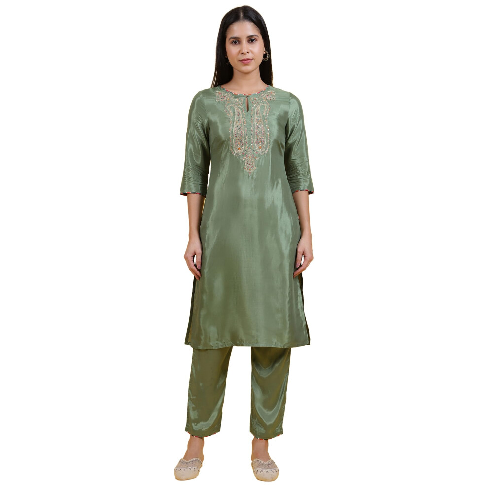 W For Woman Kurta Dritto Shantung Ricamato Verde Chiaro, Verde, Medium-image