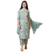 Set da donna Aurelia composto da palazzo Kurta e dupatta in misto cotone con stampa floreale blu (taglia: L) - As14872-507976