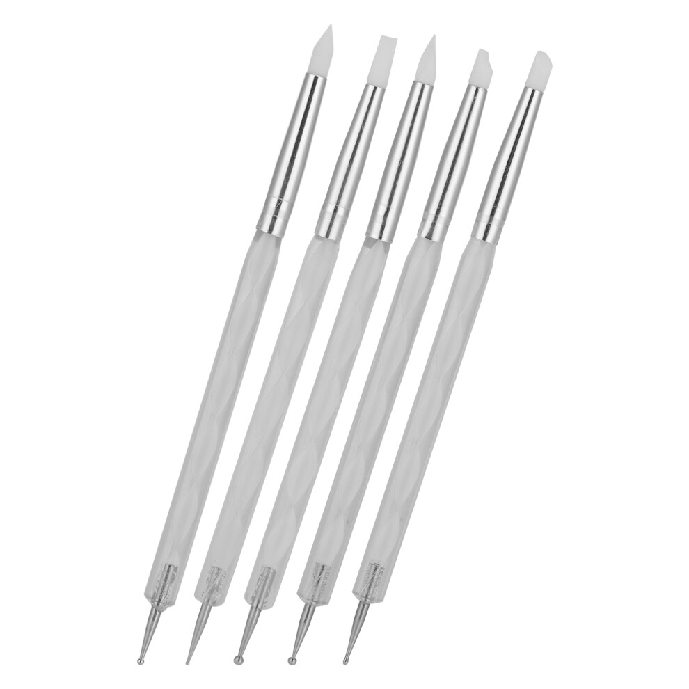 White 5Pcs Dual Ended Nail Art Dotting Pen Set With Silicone Heads