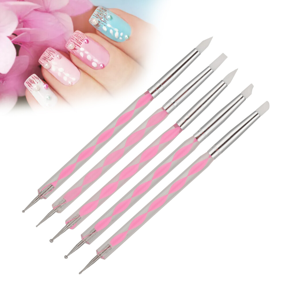 Pink 5Pcs Dual End Nail Art Dotting Pen Set With Acrylic Handles
