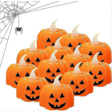Halloween Pumpkin Tea Lights, 12pcs Halloween Flameless Candles, Orange LED Candel Light for Halloween Party Decorations, Thanksgiving