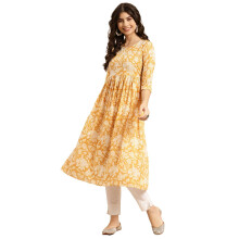 Rangita Mustard Cotton Calf Length Printed Flared Kurti For Women | Kurta For Women_4Xl