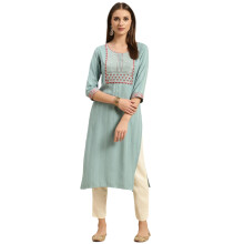 Rangita Teal Viscose Blend Calf Length Embroidered Straight Kurti For Women | Kurta For Women_L
