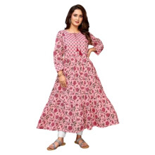 Rangita Pink Cotton Embroidered Calf Length Tiered Flared Kurti | Kurta For Women_M