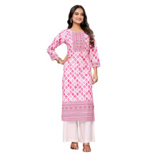 Rangita Pink Cotton Embroidered Calf Length Straight Kurti | Kurta For Women_M